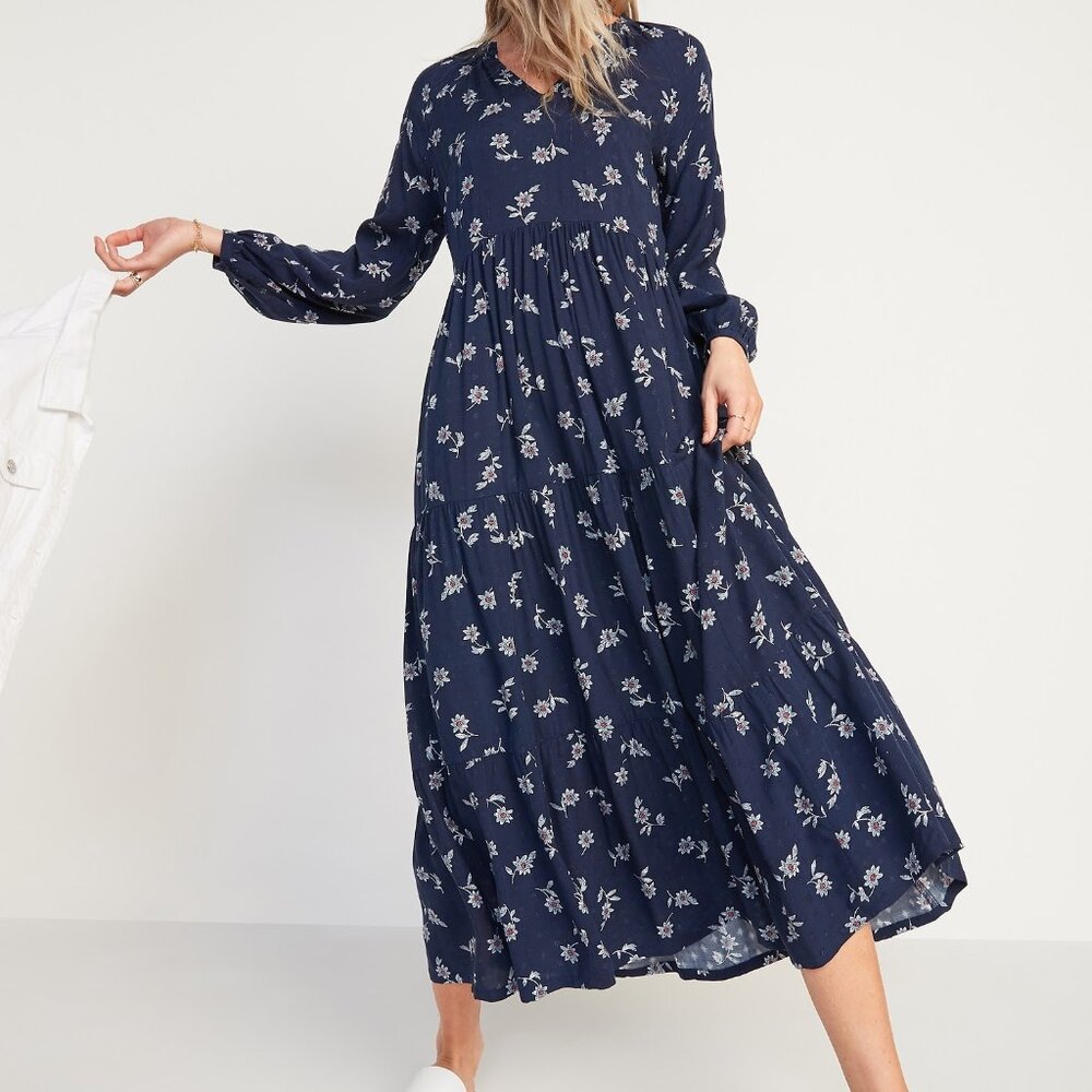 Old Navy Floral-Print Textured-Dobby Midi Swing Dress for Women, Size Small